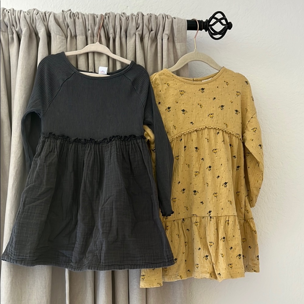 Zara + Old Navy girls floral yellow dress + washed black muslin cotton dress